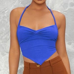Shein Backless Tied Rib-Knit Bandana Halter Top Royal Blue